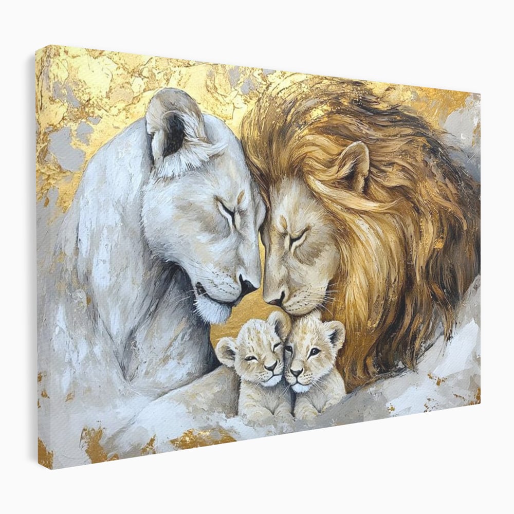 Tablou canvas cu tablou canvas cu familie de lei pictata, fara rama, pe sasiu de lemn
